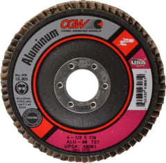 Camel Grinding Wheels - 36 Grit, 4-1/2" Disc Diam, 7/8" Center Hole, Type 27 Aluminum Oxide Flap Disc - 13,300 Max RPM, Polyester Backing, Arbor Attaching System, Coated - Benchmark Tooling