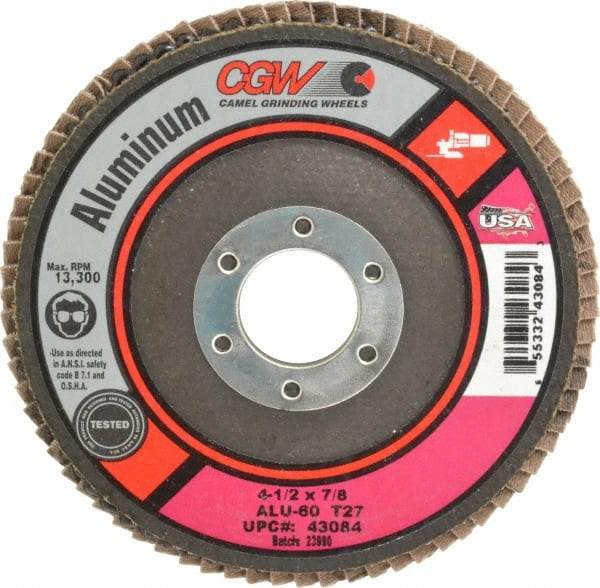 Camel Grinding Wheels - 60 Grit, 4-1/2" Disc Diam, 7/8" Center Hole, Type 27 Aluminum Oxide Flap Disc - 13,300 Max RPM, Polyester Backing, Arbor Attaching System, Coated - Benchmark Tooling