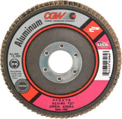 Camel Grinding Wheels - 60 Grit, 4-1/2" Disc Diam, 7/8" Center Hole, Type 27 Aluminum Oxide Flap Disc - 13,300 Max RPM, Polyester Backing, Arbor Attaching System, Coated - Benchmark Tooling