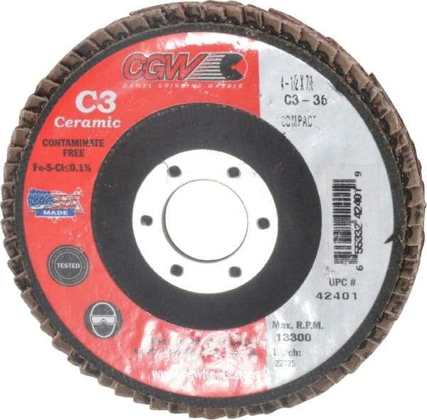 Camel Grinding Wheels - 36 Grit, 4-1/2" Disc Diam, 7/8" Center Hole, Ceramic Flap Disc - 13,300 Max RPM, Polyester Backing, Arbor Attaching System, Coated - Benchmark Tooling