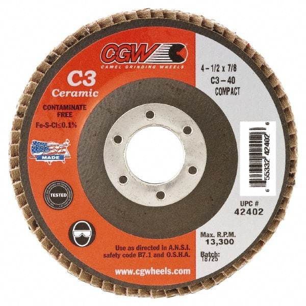 Camel Grinding Wheels - 80 Grit, 5" Disc Diam, 5/8-11 Center Hole, Ceramic Flap Disc - 12,200 Max RPM, Polyester Backing, Arbor Attaching System, Coated - Benchmark Tooling