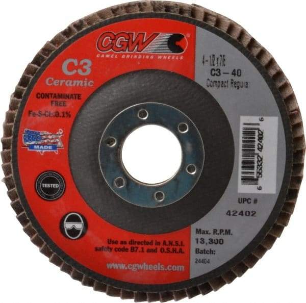 Camel Grinding Wheels - 40 Grit, 4-1/2" Disc Diam, 7/8" Center Hole, Ceramic Flap Disc - 13,300 Max RPM, Polyester Backing, Arbor Attaching System, Coated - Benchmark Tooling