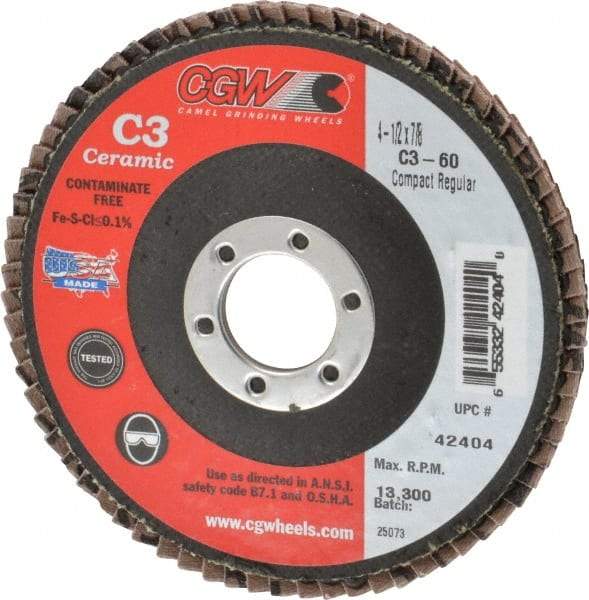 Camel Grinding Wheels - 60 Grit, 4-1/2" Disc Diam, 7/8" Center Hole, Ceramic Flap Disc - 13,300 Max RPM, Polyester Backing, Arbor Attaching System, Coated - Benchmark Tooling