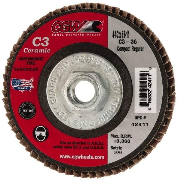 Camel Grinding Wheels - 36 Grit, 4-1/2" Disc Diam, 5/8-11 Center Hole, Ceramic Flap Disc - 13,300 Max RPM, Polyester Backing, Arbor Attaching System, Coated - Benchmark Tooling