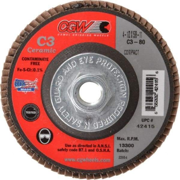 Camel Grinding Wheels - 80 Grit, 4-1/2" Disc Diam, 5/8-11 Center Hole, Ceramic Flap Disc - 13,300 Max RPM, Polyester Backing, Arbor Attaching System, Coated - Benchmark Tooling