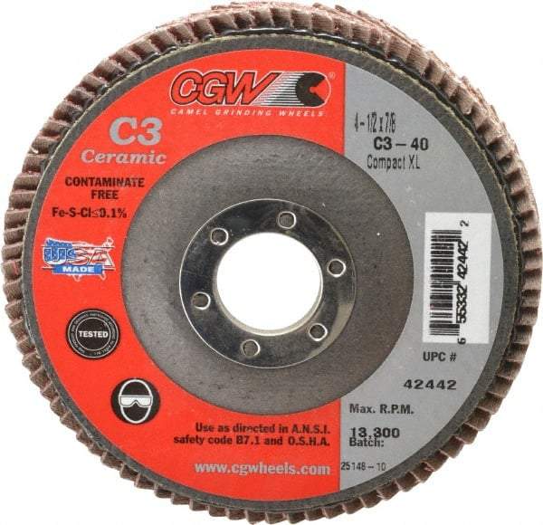 Camel Grinding Wheels - 40 Grit, 4-1/2" Disc Diam, 7/8" Center Hole, Ceramic Flap Disc - 13,300 Max RPM, Polyester Backing, Arbor Attaching System, Coated - Benchmark Tooling