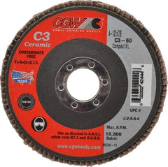 Camel Grinding Wheels - 60 Grit, 4-1/2" Disc Diam, 7/8" Center Hole, Ceramic Flap Disc - 13,300 Max RPM, Polyester Backing, Arbor Attaching System, Coated - Benchmark Tooling