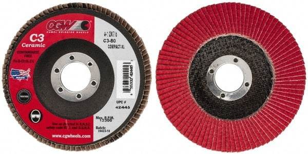 Camel Grinding Wheels - 80 Grit, 4-1/2" Disc Diam, 7/8" Center Hole, Ceramic Flap Disc - 13,300 Max RPM, Polyester Backing, Arbor Attaching System, Coated - Benchmark Tooling