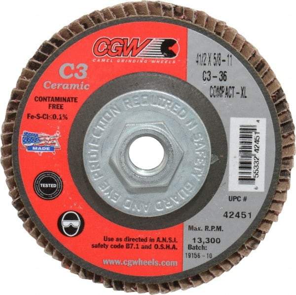 Camel Grinding Wheels - 36 Grit, 4-1/2" Disc Diam, 5/8-11 Center Hole, Ceramic Flap Disc - 13,300 Max RPM, Polyester Backing, Arbor Attaching System, Coated - Benchmark Tooling
