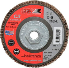 Camel Grinding Wheels - 36 Grit, 4-1/2" Disc Diam, 5/8-11 Center Hole, Ceramic Flap Disc - 13,300 Max RPM, Polyester Backing, Arbor Attaching System, Coated - Benchmark Tooling