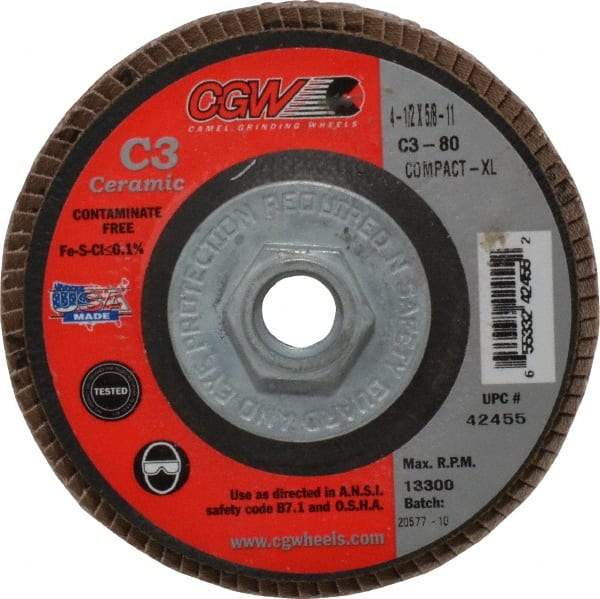 Camel Grinding Wheels - 80 Grit, 4-1/2" Disc Diam, 5/8-11 Center Hole, Ceramic Flap Disc - 13,300 Max RPM, Polyester Backing, Arbor Attaching System, Coated - Benchmark Tooling