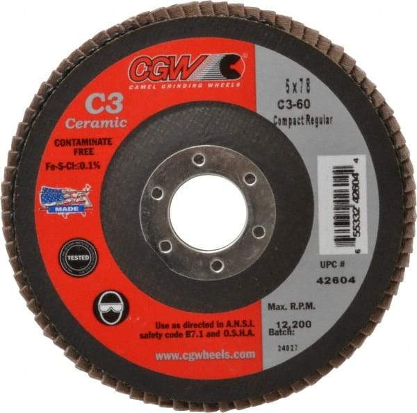 Camel Grinding Wheels - 60 Grit, 5" Disc Diam, 7/8" Center Hole, Ceramic Flap Disc - 12,200 Max RPM, Polyester Backing, Arbor Attaching System, Coated - Benchmark Tooling