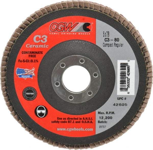 Camel Grinding Wheels - 80 Grit, 5" Disc Diam, 7/8" Center Hole, Ceramic Flap Disc - 12,200 Max RPM, Polyester Backing, Arbor Attaching System, Coated - Benchmark Tooling