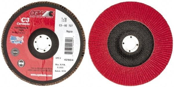 Camel Grinding Wheels - 60 Grit, 7" Disc Diam, 7/8" Center Hole, Type 27 Ceramic Flap Disc - 8,600 Max RPM, Polyester Backing, Arbor Attaching System, Coated - Benchmark Tooling