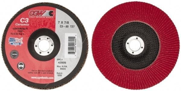 Camel Grinding Wheels - 80 Grit, 7" Disc Diam, 7/8" Center Hole, Type 27 Ceramic Flap Disc - 8,600 Max RPM, Polyester Backing, Arbor Attaching System, Coated - Benchmark Tooling