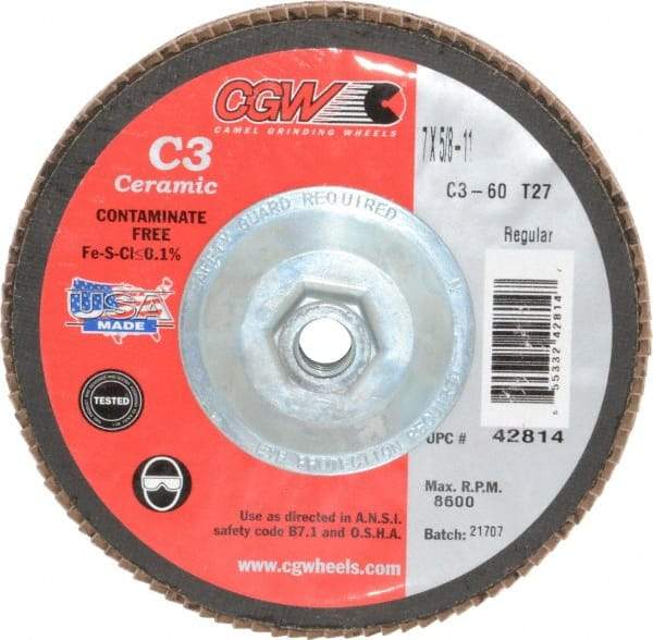 Camel Grinding Wheels - 60 Grit, 7" Disc Diam, 5/8-11 Center Hole, Type 27 Ceramic Flap Disc - 8,600 Max RPM, Polyester Backing, Arbor Attaching System, Coated - Benchmark Tooling