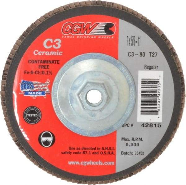 Camel Grinding Wheels - 80 Grit, 7" Disc Diam, 5/8-11 Center Hole, Type 27 Ceramic Flap Disc - 8,600 Max RPM, Polyester Backing, Arbor Attaching System, Coated - Benchmark Tooling