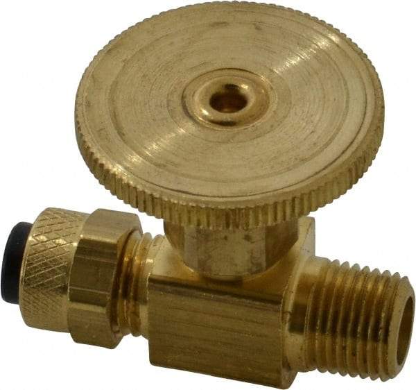 Parker - 1/4 x 1/8" Pipe, Inline Needle Valve - Poly-Tite x MNPTF Ends, Brass Valve, 150 Max psi - Benchmark Tooling