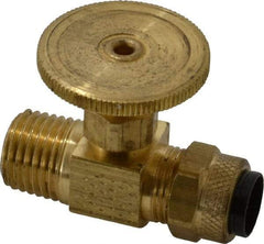 Parker - 3/8 x 1/4" Pipe, Inline Needle Valve - Poly-Tite x MNPTF Ends, Brass Valve, 150 Max psi - Benchmark Tooling