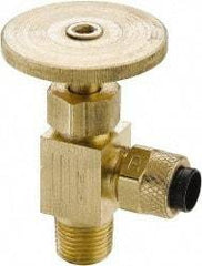 Parker - 1/4" Pipe, Angled Needle Valve - Poly-Tite x MNPTF Ends, Brass Valve, 150 Max psi - Benchmark Tooling