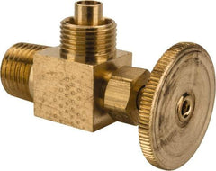 Parker - 3/8 x 1/4" Pipe, Angled Needle Valve - Poly-Tite x MNPTF Ends, Brass Valve, 150 Max psi - Benchmark Tooling