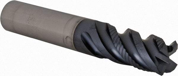 Iscar - 1/2" Diam, 1" LOC, 4 Flute Solid Carbide Roughing & Finishing Corner Chamfer End Mill - TiAlN Finish, 3" OAL, 1/2" Shank Diam, Straight Shank, 45° Helix, Centercutting, Regular Length - Benchmark Tooling