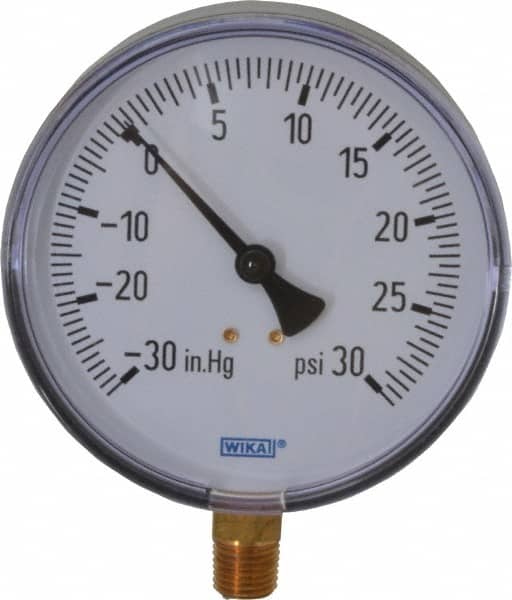 Wika - 4" Dial, 1/4 Thread, 30-0-30 Scale Range, Pressure Gauge - Lower Connection Mount, Accurate to 3-2-3% of Scale - Benchmark Tooling