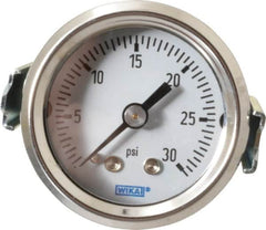 Wika - 1-1/2" Dial, 1/8 Thread, 0-30 Scale Range, Pressure Gauge - U-Clamp Panel Mount, Center Back Connection Mount, Accurate to 3-2-3% of Scale - Benchmark Tooling