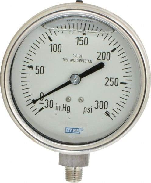 Wika - 4" Dial, 1/4 Thread, 30-0-300 Scale Range, Pressure Gauge - Lower Connection Mount, Accurate to 1% of Scale - Benchmark Tooling