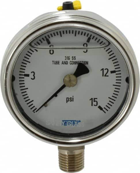 Wika - 2-1/2" Dial, 1/4 Thread, 0-15 Scale Range, Pressure Gauge - Lower Connection Mount, Accurate to 2-1-2% of Scale - Benchmark Tooling