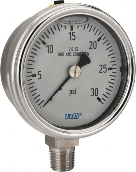 Wika - 2-1/2" Dial, 1/4 Thread, 0-30 Scale Range, Pressure Gauge - Lower Connection Mount, Accurate to 2-1-2% of Scale - Benchmark Tooling