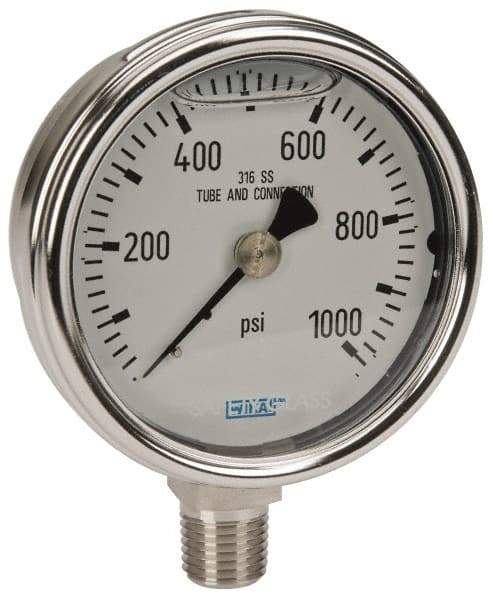 Wika - 2-1/2" Dial, 1/4 Thread, 0-1,000 Scale Range, Pressure Gauge - Lower Connection Mount, Accurate to 2-1-2% of Scale - Benchmark Tooling