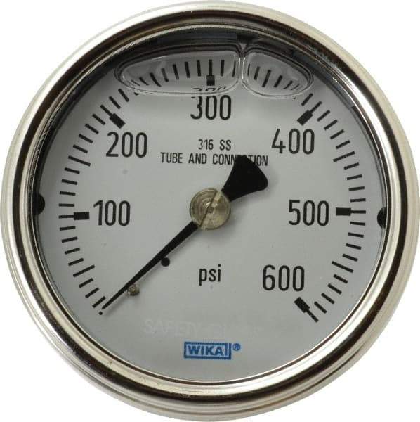 Wika - 2-1/2" Dial, 1/4 Thread, 0-600 Scale Range, Pressure Gauge - Center Back Connection Mount, Accurate to 2-1-2% of Scale - Benchmark Tooling