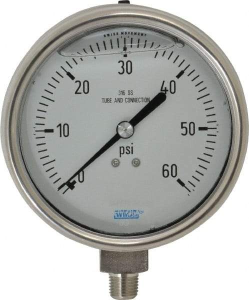 Wika - 4" Dial, 1/4 Thread, 0-60 Scale Range, Pressure Gauge - Lower Connection Mount, Accurate to 1% of Scale - Benchmark Tooling