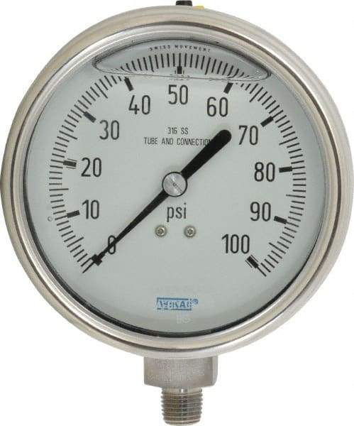 Wika - 4" Dial, 1/4 Thread, 0-100 Scale Range, Pressure Gauge - Lower Connection Mount, Accurate to 1% of Scale - Benchmark Tooling