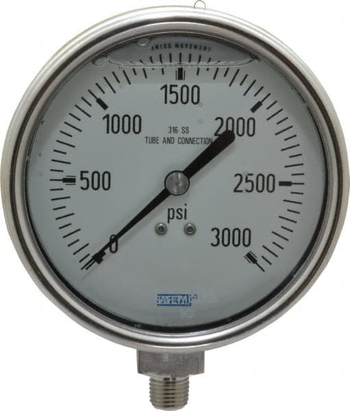 Wika - 4" Dial, 1/4 Thread, 0-3,000 Scale Range, Pressure Gauge - Lower Connection Mount, Accurate to 1% of Scale - Benchmark Tooling