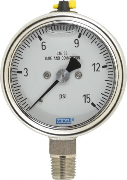 Wika - 2-1/2" Dial, 1/4 Thread, 15 Scale Range, Pressure Gauge - Lower Connection Mount, Accurate to 2-1-2% of Scale - Benchmark Tooling