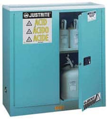 Justrite - 2 Door, 1 Shelf, Blue Steel Standard Safety Cabinet for Corrosive Chemicals - 44" High x 43" Wide x 18" Deep, Manual Closing Door, 3 Point Key Lock, 30 Gal Capacity - Benchmark Tooling