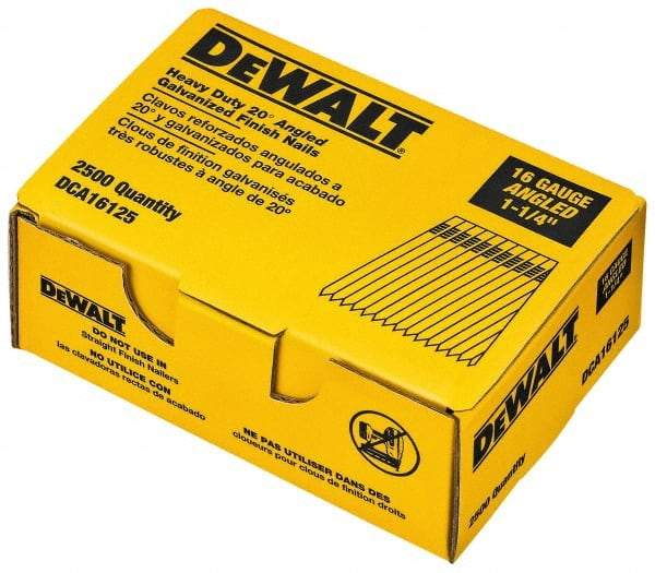 DeWALT - 16 Gauge 1-1/4" Long Finishing Nails for Power Nailers - Grade 2 Steel, Galvanized Finish, Angled Stick Collation - Benchmark Tooling