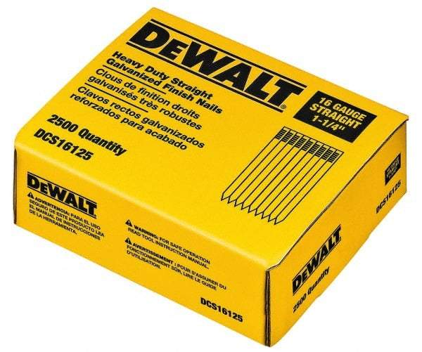 DeWALT - 16 Gauge 1-1/4" Long Finishing Nails for Power Nailers - Grade 2 Steel, Galvanized Finish, Straight Stick Collation - Benchmark Tooling