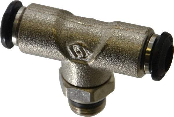 Alpha Technologies - 6mm Outside Diam, 1/8 Universal, Nickel Plated Brass Push-to-Connect Tube Male Swivel Branch Tee - 250 Max psi, Tube to Universal Thread Connection, Buna O-Ring - Benchmark Tooling