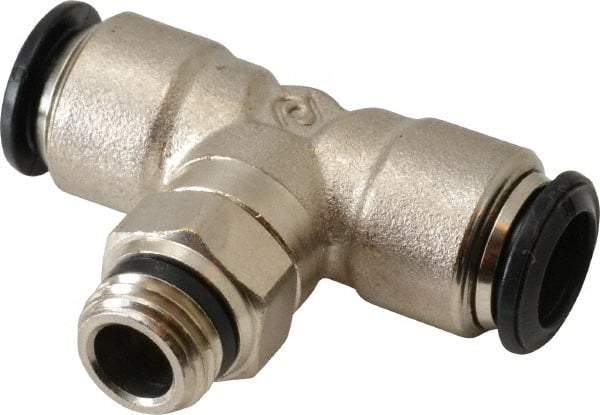 Alpha Technologies - 10mm Outside Diam, 1/4 Universal, Nickel Plated Brass Push-to-Connect Tube Male Swivel Branch Tee - 250 Max psi, Tube to Universal Thread Connection, Buna O-Ring - Benchmark Tooling