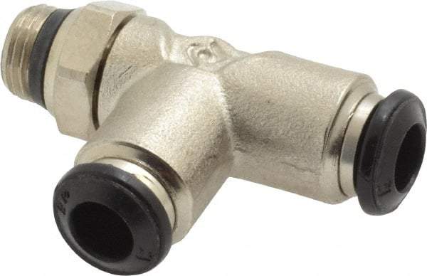 Alpha Technologies - 6mm Outside Diam, 1/8 Universal, Nickel Plated Brass Push-to-Connect Tube Male Swivel Run Tee - 250 Max psi, Tube to Universal Thread Connection, Buna O-Ring - Benchmark Tooling