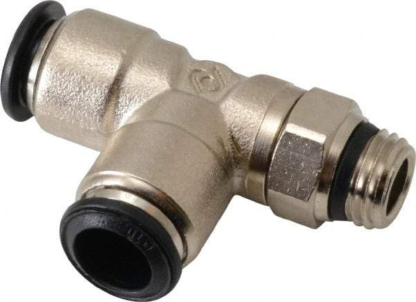 Alpha Technologies - 10mm Outside Diam, 1/4 Universal, Nickel Plated Brass Push-to-Connect Tube Male Swivel Run Tee - 250 Max psi, Tube to Universal Thread Connection, Buna O-Ring - Benchmark Tooling