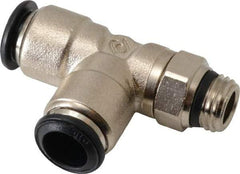 Alpha Technologies - 10mm Outside Diam, 1/4 Universal, Nickel Plated Brass Push-to-Connect Tube Male Swivel Run Tee - 250 Max psi, Tube to Universal Thread Connection, Buna O-Ring - Benchmark Tooling