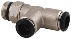 Alpha Technologies - 12mm Outside Diam, 3/8 Universal, Nickel Plated Brass Push-to-Connect Tube Male Swivel Run Tee - 250 Max psi, Tube to Universal Thread Connection, Buna O-Ring - Benchmark Tooling