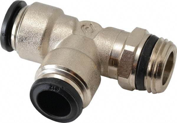 Alpha Technologies - 12mm Outside Diam, 1/2 Universal, Nickel Plated Brass Push-to-Connect Tube Male Swivel Run Tee - 250 Max psi, Tube to Universal Thread Connection, Buna O-Ring - Benchmark Tooling