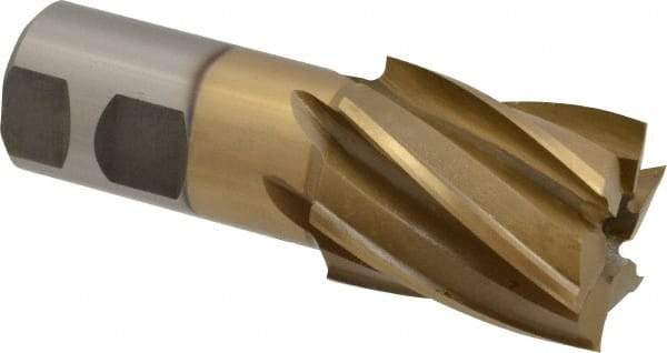 Interstate - 1-5/8", 2" LOC, 1-1/4" Shank Diam, 4-1/2" OAL, 6 Flute, High Speed Steel Square End Mill - Single End, TiN Finish, Spiral Flute, 30° Helix, Right Hand Cut, Right Hand Flute - Benchmark Tooling