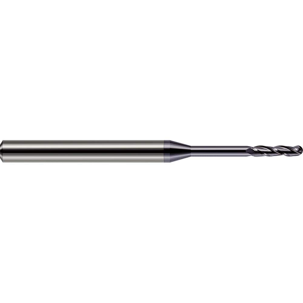 Ball End Mill: 0.01″ Dia, 0.05″ LOC, 3 Flute, Solid Carbide 2-1/2″ OAL, 1/8″ Shank Dia, 30 ° Helix, AlTiN Coated, Single End