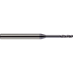 Ball End Mill: 0.01″ Dia, 0.05″ LOC, 3 Flute, Solid Carbide 2-1/2″ OAL, 1/8″ Shank Dia, 30 ° Helix, AlTiN Coated, Single End